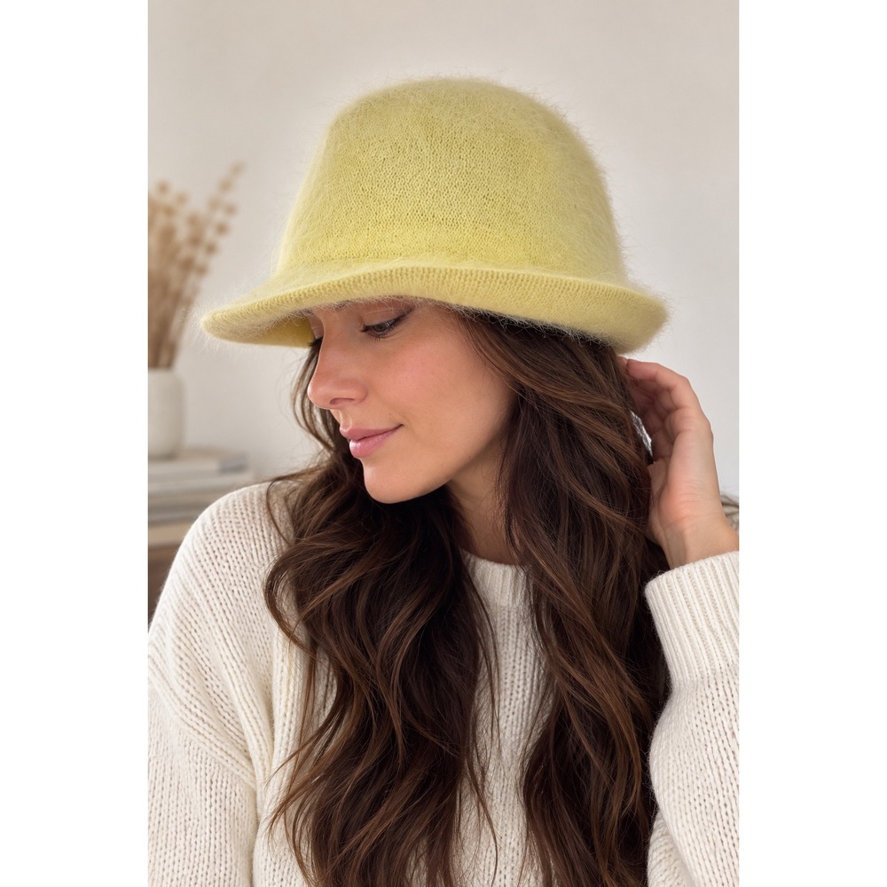 Pinkstix Y2K 100% Angora Fuzzy Bucket Cloche Hat Butter Yellow Vintage 2000s